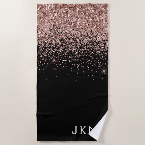 Rose Gold Blush Pink Black Glitter Monogram Girly Beach Towel