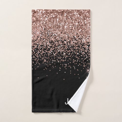 Rose Gold Blush Pink Black Glitter Monogram Girly Hand Towel