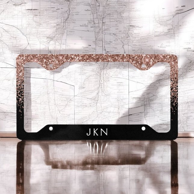 Rose Gold Blush Pink Black Glitter Monogram Girly License Plate Frame (Creator Uploaded)