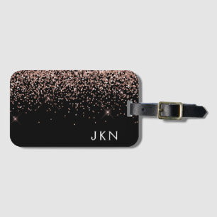 Rose Gold Blush Pink Black Glitter Monogram Girly Luggage Tag
