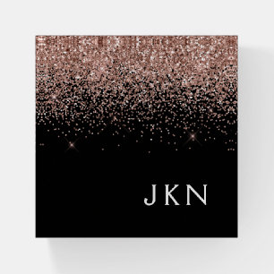 Rose Gold Blush Pink Black Glitter Monogram Girly Paperweight