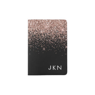 Rose Gold Blush Pink Black Glitter Monogram Girly Passport Holder