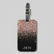 Rose Gold Blush Pink Black Glitter Monogram Luggage Tag