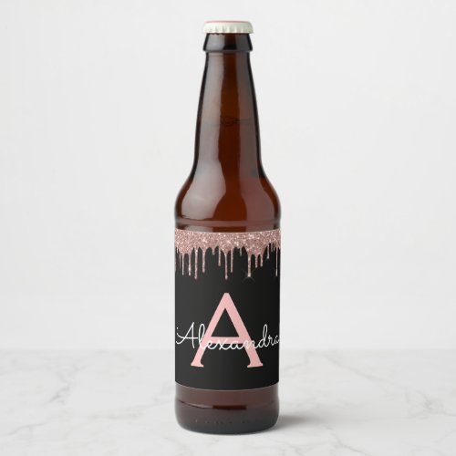 Rose Gold _ Blush Pink Black Glitter Monogram Name Beer Bottle Label