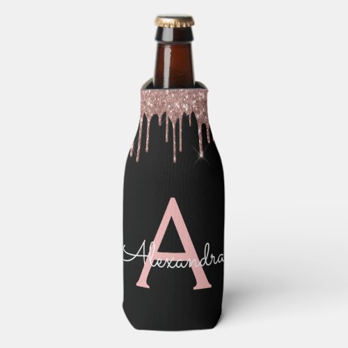 Rose Gold _ Blush Pink Black Glitter Monogram Name Bottle Cooler