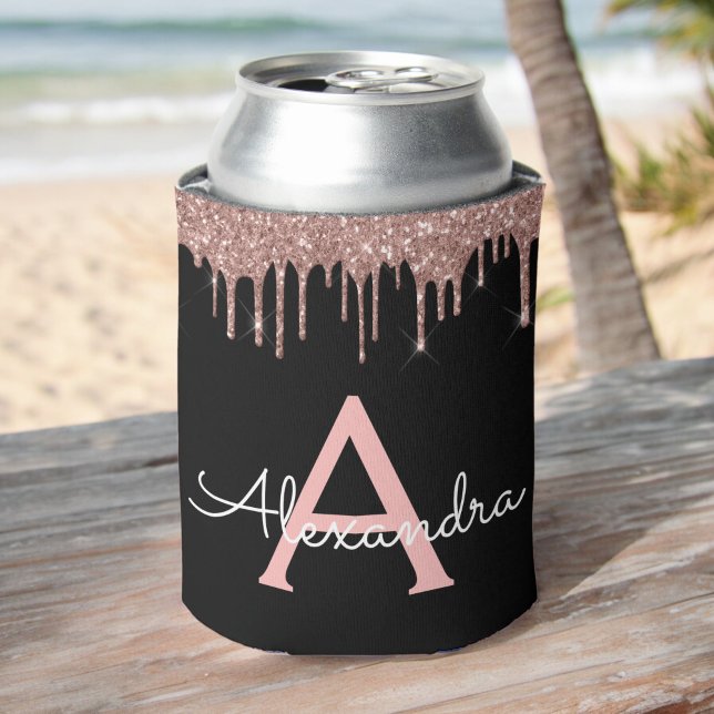 Rose Gold - Blush Pink Black Glitter Monogram Name Can Cooler (Creator Uploaded)