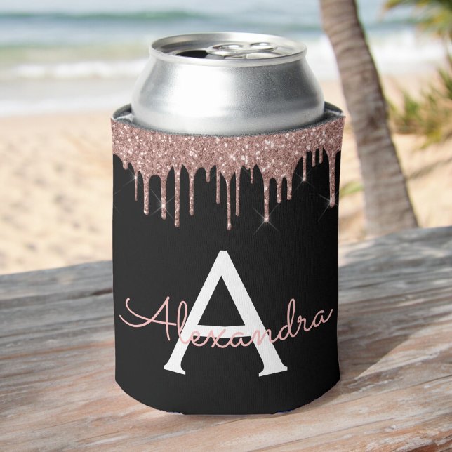 Rose Gold - Blush Pink Black Glitter Monogram Name Can Cooler (Creator Uploaded)