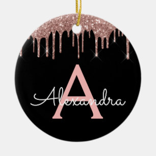 Rose Gold - Blush Pink Black Glitter Monogram Name Ceramic Ornament