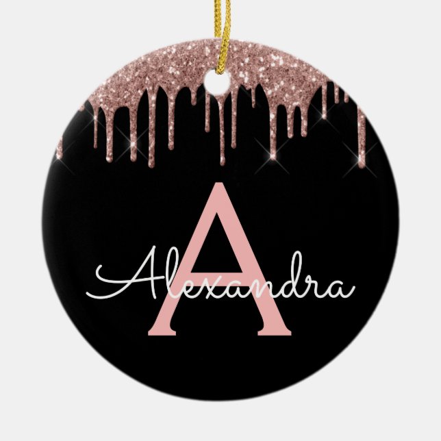 Rose Gold - Blush Pink Black Glitter Monogram Name Ceramic Ornament (Front)