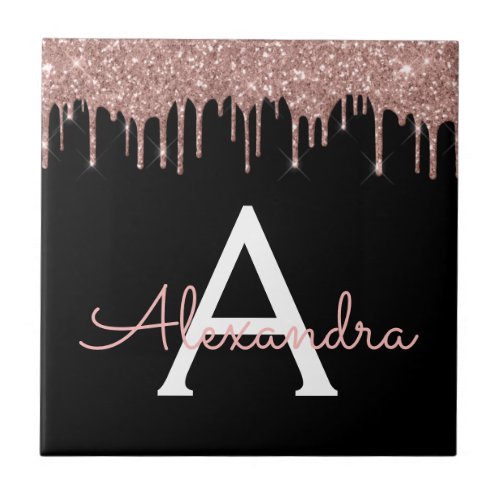 Rose Gold _ Blush Pink Black Glitter Monogram Name Ceramic Tile