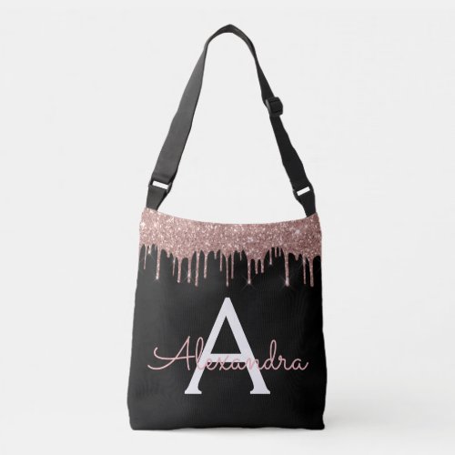 Rose Gold _ Blush Pink Black Glitter Monogram Name Crossbody Bag