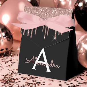 Rose Gold - Blush Pink Black Glitter Monogram Name Favor Boxes