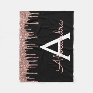 Rose Gold - Blush Pink Black Glitter Monogram Name Fleece Blanket