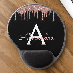 Rose Gold - Blush Pink Black Glitter Monogram Name Gel Mouse Pad