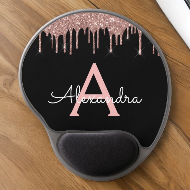 Rose Gold - Blush Pink Black Glitter Monogram Name Gel Mouse Pad (Creator Uploaded)