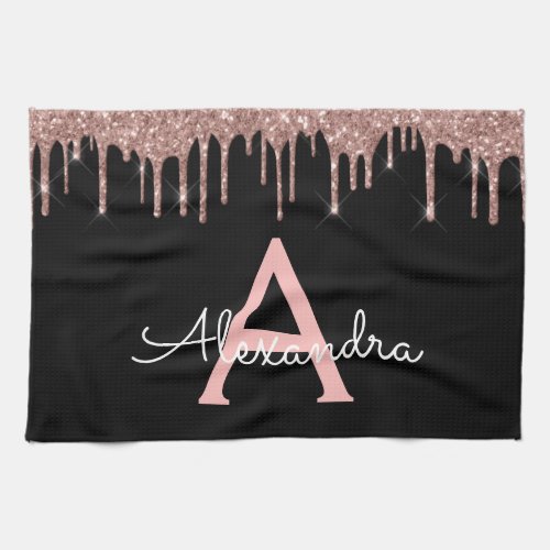 Rose Gold _ Blush Pink Black Glitter Monogram Name Kitchen Towel