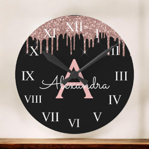 Rose Gold - Blush Pink Black Glitter Monogram Name Large Clock