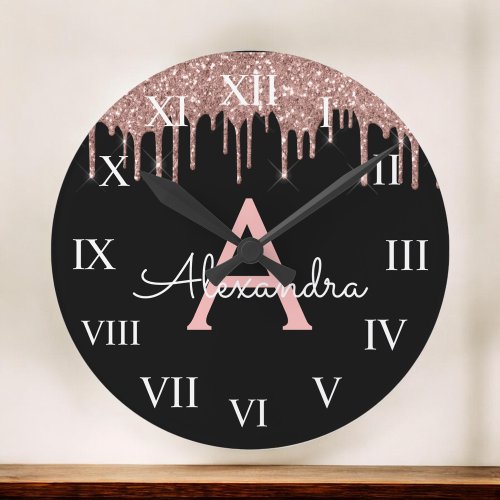 Rose Gold _ Blush Pink Black Glitter Monogram Name Large Clock