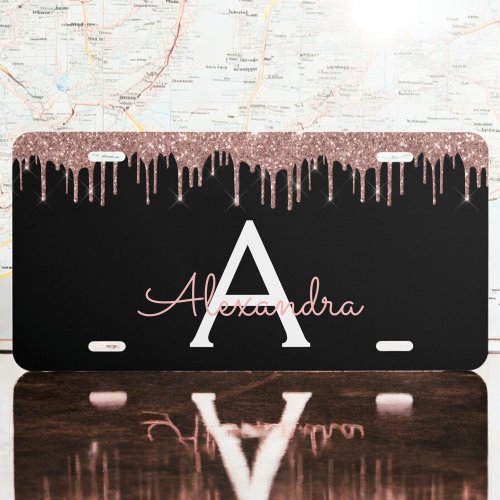 Rose Gold _ Blush Pink Black Glitter Monogram Name License Plate