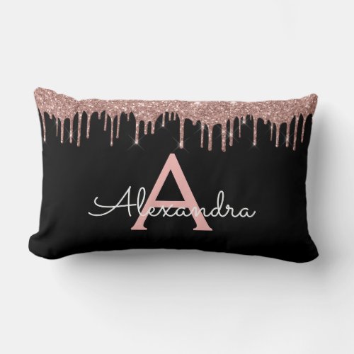 Rose Gold _ Blush Pink Black Glitter Monogram Name Lumbar Pillow