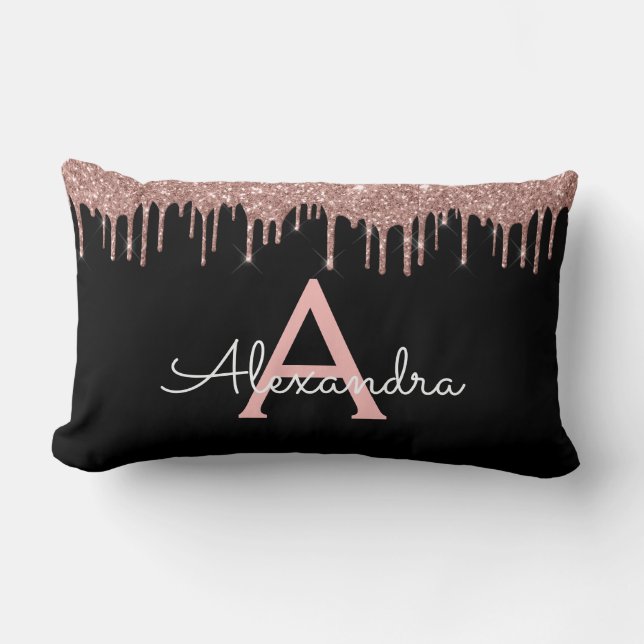 Rose Gold - Blush Pink Black Glitter Monogram Name Lumbar Pillow (Front)