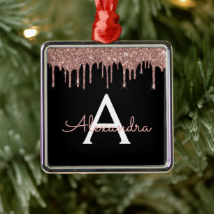 Rose Gold - Blush Pink Black Glitter Monogram Name Metal Ornament