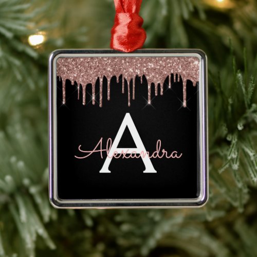 Rose Gold _ Blush Pink Black Glitter Monogram Name Metal Ornament