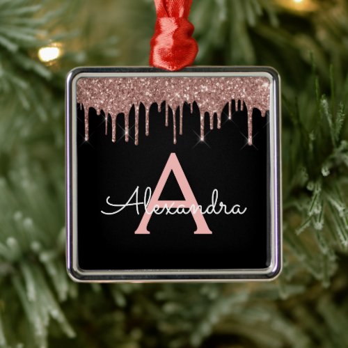 Rose Gold _ Blush Pink Black Glitter Monogram Name Metal Ornament