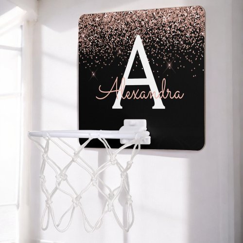 Rose Gold Blush Pink Black Glitter Monogram Name Mini Basketball Hoop