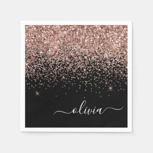 Rose Gold - Blush Pink Black Glitter Monogram Name Napkins