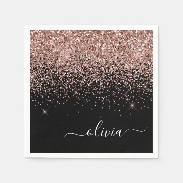 Rose Gold - Blush Pink Black Glitter Monogram Name Napkins (Front)