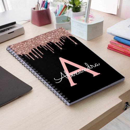 Rose Gold _ Blush Pink Black Glitter Monogram Name Notebook