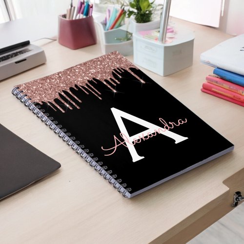 Rose Gold _ Blush Pink Black Glitter Monogram Name Notebook