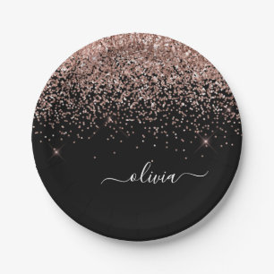 Rose Gold - Blush Pink Black Glitter Monogram Name Paper Plates