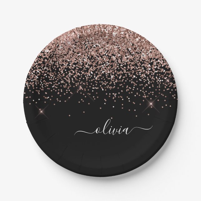 Rose Gold - Blush Pink Black Glitter Monogram Name Paper Plates (Front)