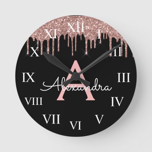 Rose Gold _ Blush Pink Black Glitter Monogram Name Round Clock