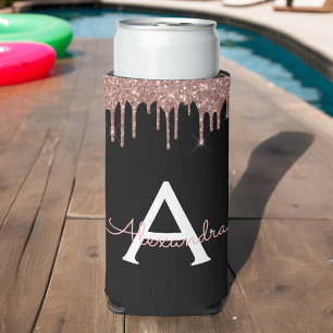 Rose Gold - Blush Pink Black Glitter Monogram Name Seltzer Can Cooler