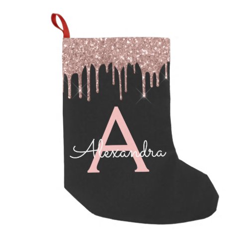 Rose Gold _ Blush Pink Black Glitter Monogram Name Small Christmas Stocking