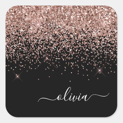 Rose Gold _ Blush Pink Black Glitter Monogram Name Square Sticker