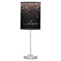 Rose Gold - Blush Pink Black Glitter Monogram Name Table Lamp