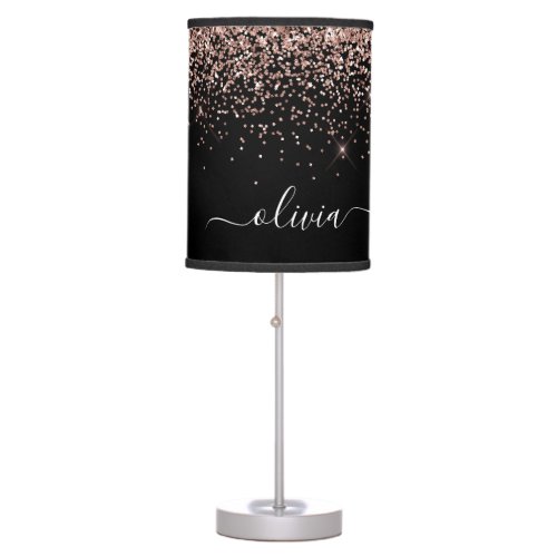 Rose Gold _ Blush Pink Black Glitter Monogram Name Table Lamp