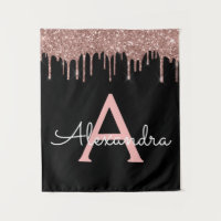 Rose Gold - Blush Pink Black Glitter Monogram Name
