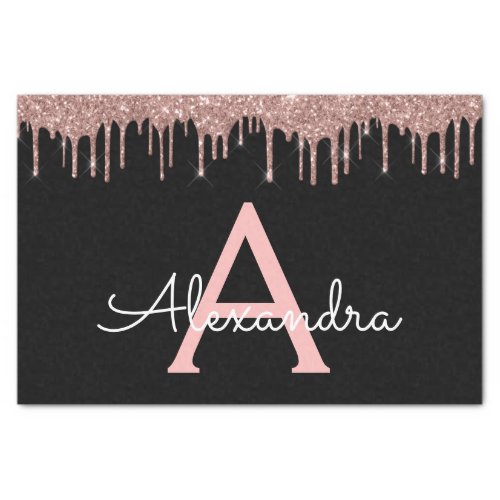 Rose Gold _ Blush Pink Black Glitter Monogram Name Tissue Paper