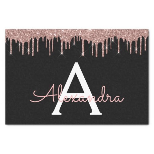 Rose Gold _ Blush Pink Black Glitter Monogram Name Tissue Paper