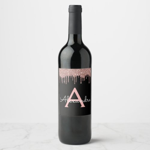 Rose Gold _ Blush Pink Black Glitter Monogram Name Wine Label