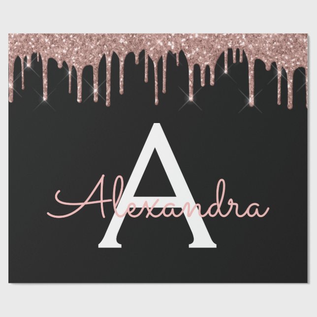 Rose Gold - Blush Pink Black Glitter Monogram Name Wrapping Paper (Flat)