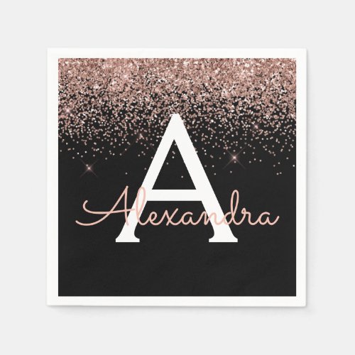 Rose Gold Blush Pink Black Glitter Monogram Napkins