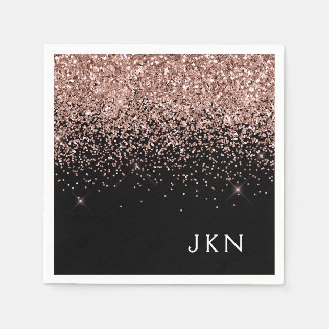 Rose Gold Blush Pink Black Glitter Monogram Napkins (Front)