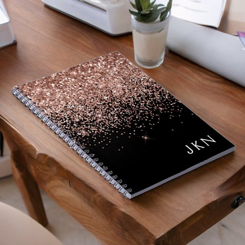 Rose Gold Blush Pink Black Glitter Monogram Notebook