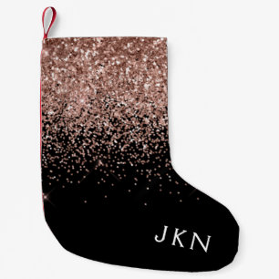 Rose Gold Blush Pink Black Glitter Monogram Small Christmas Stocking